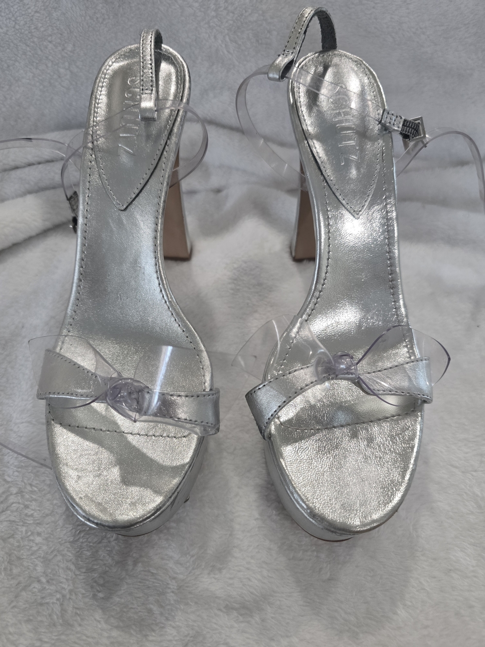 SCHUTZ ELYDA PLATFORM Silver Metallic Clear Bow Slingback Heels SIZE 7.5B